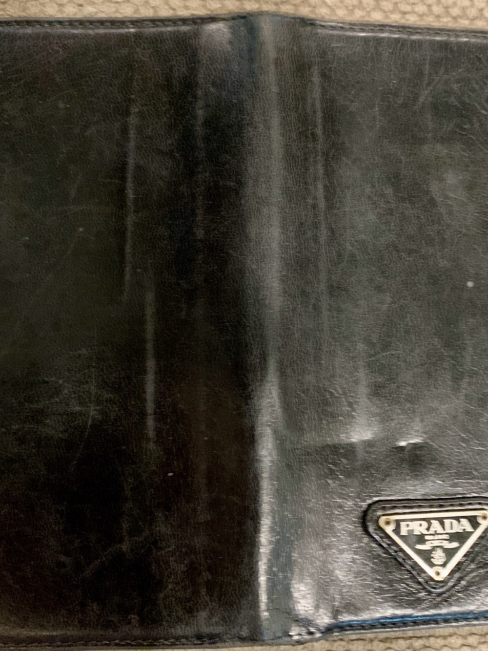 Prada Black Leather Checkbook Wallet with Triangular Logo